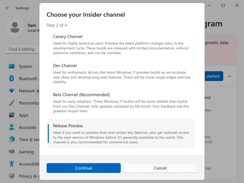 Choose your Insider Channel modal shown after Windows 11 updated with Copilot